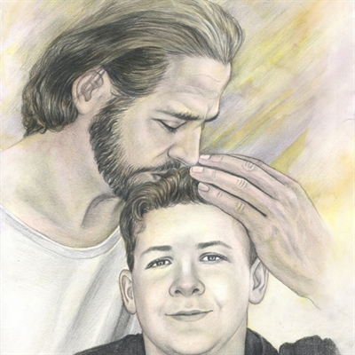 Hand Drawn Vintage Davinci  Sketch Portrait of Jesus Holding A Teenager Boy,by myDaVinci - myDaVinci
